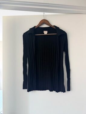 Black Ribbed Open-Front Cardigan with Collar - Women